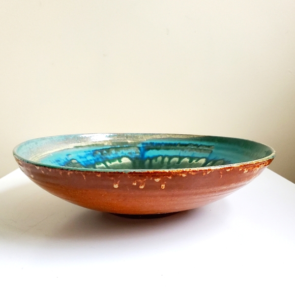 Large Mid Century Teal Glazed Studio Art Pottery Bowl, Signed - Picture 2 of 16